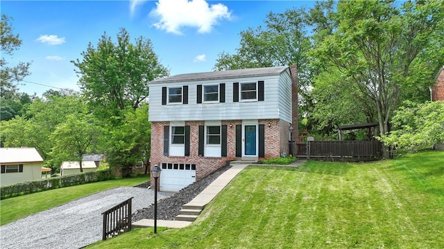 105 Canaveral Dr, Penn Hills, PA 15235 - colonial inspired home featuring brick siding, gravel driveway, an attached garage, and a chimney