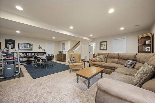 224 Long Ridge Dr, Kennedy Twp, PA 15108 - carpeted living room featuring recessed lighting and stairway