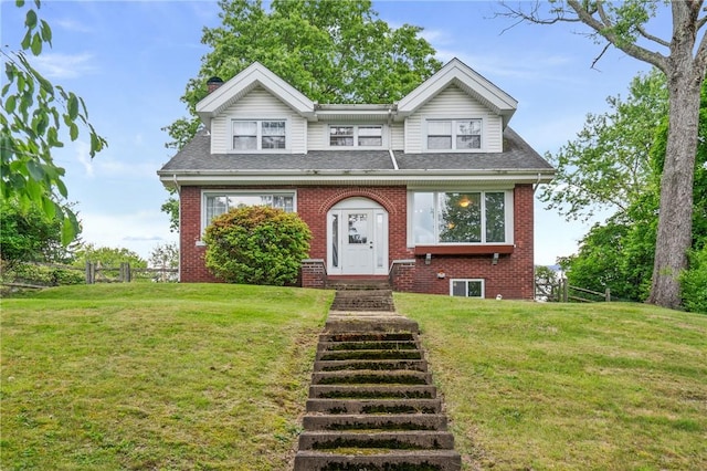 8243 High St, Mccandless, PA 15237 - view of front of property with brick siding, a front yard, roof with shingles, and a chimney