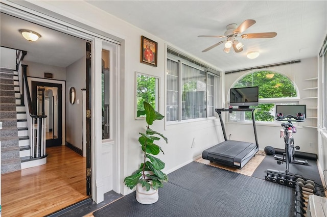 8243 High St, Mccandless, PA 15237 - exercise room with a ceiling fan, wood finished floors, and baseboards