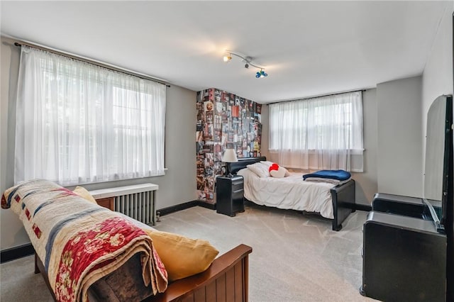 8243 High St, Mccandless, PA 15237 - bedroom with light colored carpet, baseboards, rail lighting, and radiator heating unit