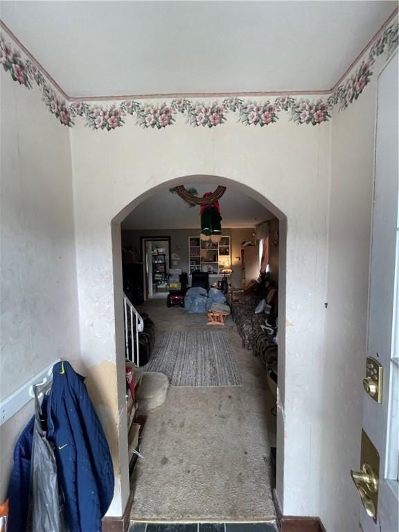1001 Wible Run Rd, Shaler, PA 15209 - hallway with arched walkways and carpet flooring