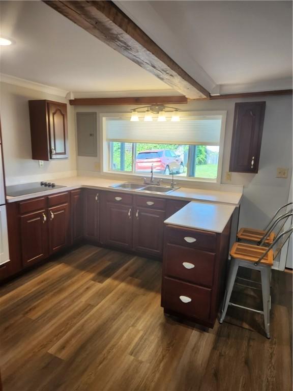 336 Fruit St, Waynsbrg/Frankln Twp, PA 15370 - kitchen with a sink, dark wood-style floors, light countertops, black electric stovetop, and beam ceiling