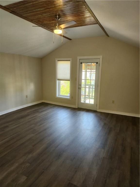 336 Fruit St, Waynsbrg/Frankln Twp, PA 15370 - unfurnished room featuring ceiling fan, dark wood-type flooring, baseboards, and vaulted ceiling