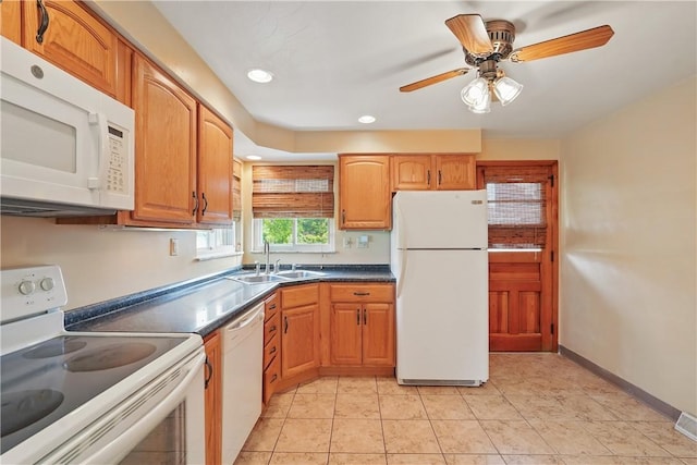 10539 Roseway Blvd, North Huntingdon, PA 15642 - kitchen featuring white appliances, a sink, recessed lighting, ceiling fan, and dark countertops