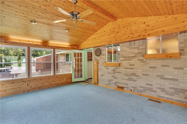 3410 E Stag Dr, West Deer, PA 15044 - unfurnished sunroom with carpet, wood ceiling, a ceiling fan, brick wall, and wood walls