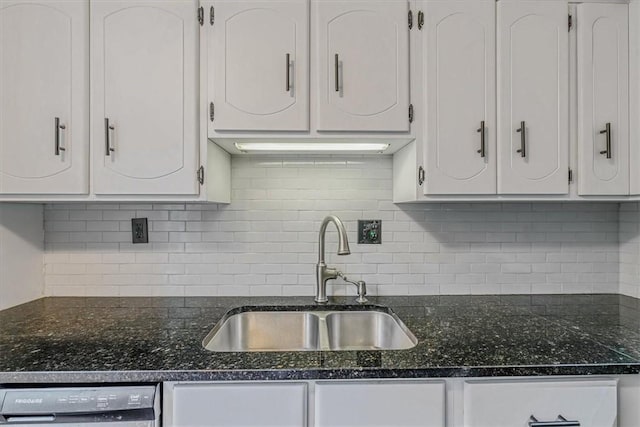142 Slater Dr, Pleasant Hills, PA 15236 - kitchen with a sink, dishwashing machine, white cabinetry, and decorative backsplash