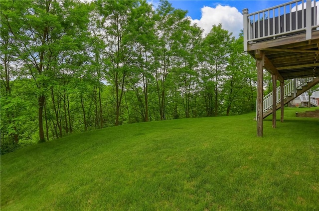 8014 Maureen Dr, Cranberry Twp, PA 16066 - view of grassy yard with stairs and a wooden deck