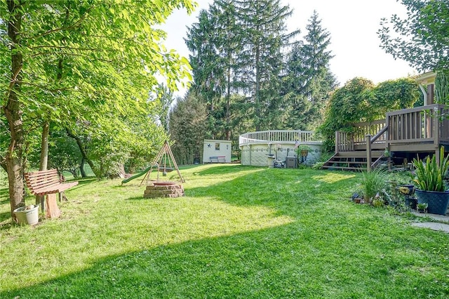 31 Nicholson St, Crafton, PA 15205 - view of green lawn with a fire pit, a deck, and view of scattered trees