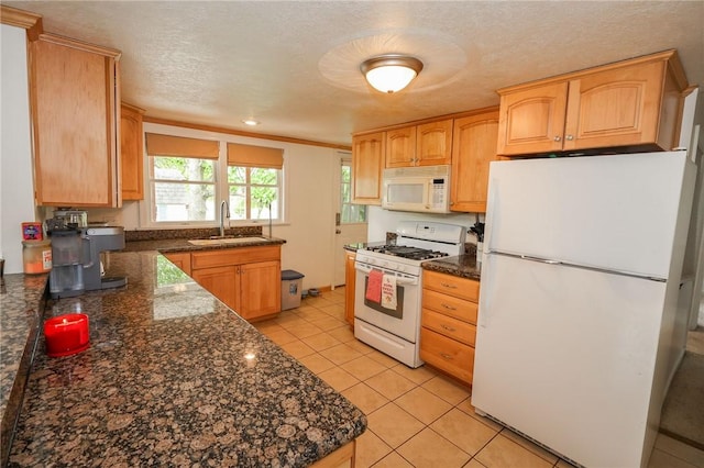 343 Whitestown Rd, Twp Of But Nw, PA 16001 - kitchen featuring white appliances, a sink, light tile patterned floors, dark stone countertops, and a textured ceiling