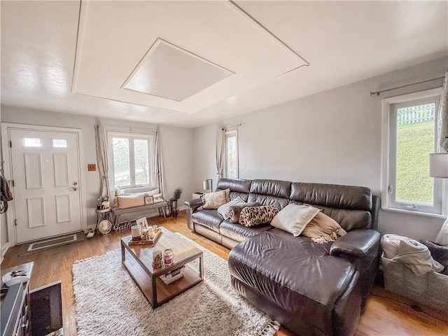 4330 Overhill St, Bethel Park, PA 15102 - living room featuring wood finished floors and attic access
