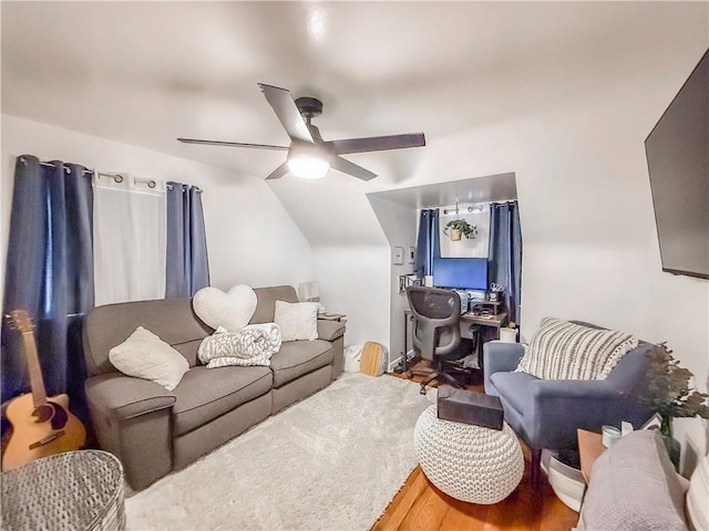 4330 Overhill St, Bethel Park, PA 15102 - living room with ceiling fan, lofted ceiling, and wood finished floors