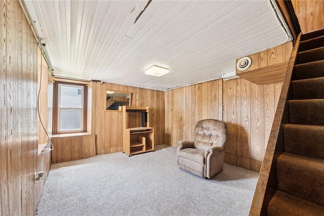 600 Scott St, Penn Twp Wml, PA 15675 - living area with stairs, wood walls, carpet, and wood ceiling