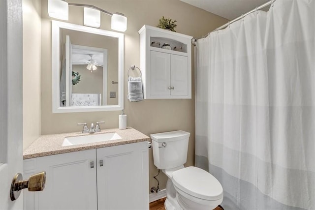 309 Wildflower Ct, Ross Twp, PA 15202 - bathroom with toilet, vanity, a ceiling fan, and a shower with curtain