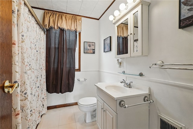 1122 Tyndall St, Sheraden, PA 15204 - bathroom featuring toilet, vanity, tile patterned floors, a shower with curtain, and crown molding