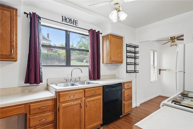 1122 Tyndall St, Sheraden, PA 15204 - kitchen with white appliances, a sink, a ceiling fan, and wood finished floors