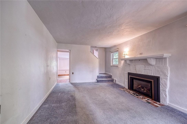 3333 Walther Ln, Upper St Clair, PA 15241 - unfurnished living room with a fireplace with flush hearth, carpet, a textured ceiling, and baseboards