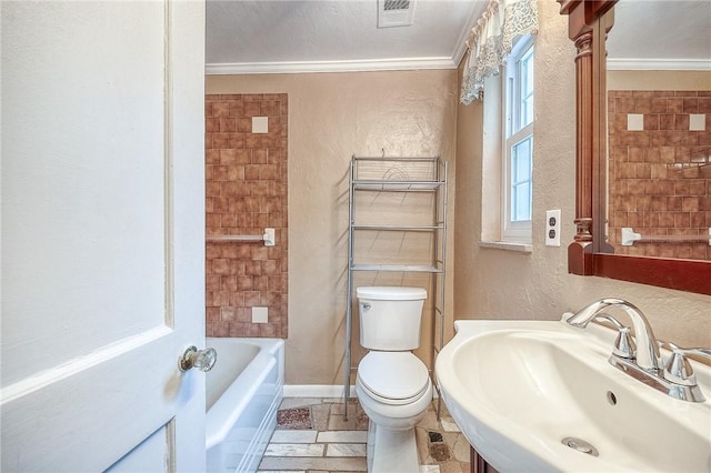 3333 Walther Ln, Upper St Clair, PA 15241 - bathroom with a sink, ornamental molding, a textured wall, toilet, and a bath