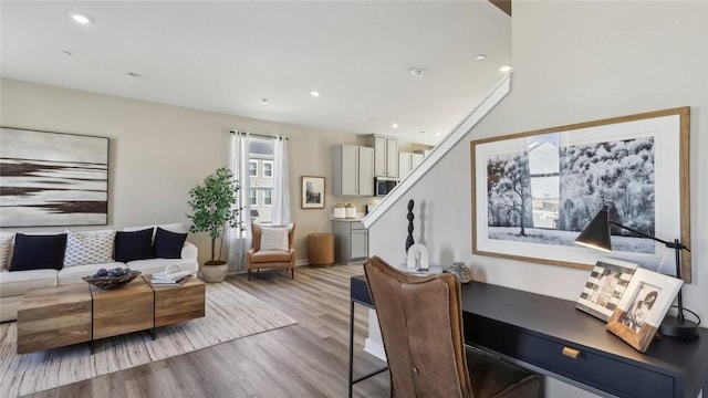 699 Olivia St, Collier Twp, PA 15205 - living room featuring wood finished floors, recessed lighting, and stairs
