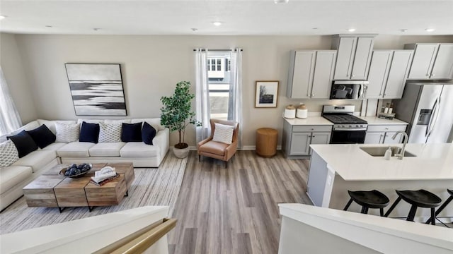 699 Olivia St, Collier Twp, PA 15205 - living area featuring light wood-type flooring, baseboards, and recessed lighting