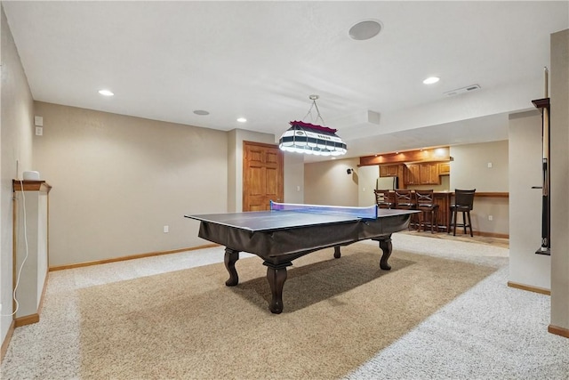 807 Rembrandt Cir, Hempfield Twp Wml, PA 15642 - playroom featuring bar area, baseboards, light carpet, billiards table, and recessed lighting