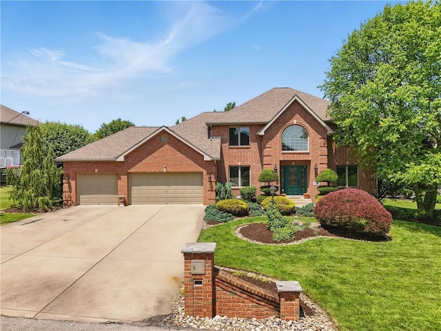 807 Rembrandt Cir, Hempfield Twp Wml, PA 15642 - traditional-style home featuring brick siding, concrete driveway, a garage, and a front lawn