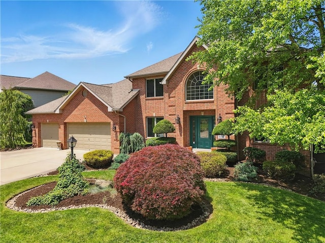 807 Rembrandt Cir, Hempfield Twp Wml, PA 15642 - traditional-style home with brick siding, an attached garage, driveway, a front lawn, and a shingled roof