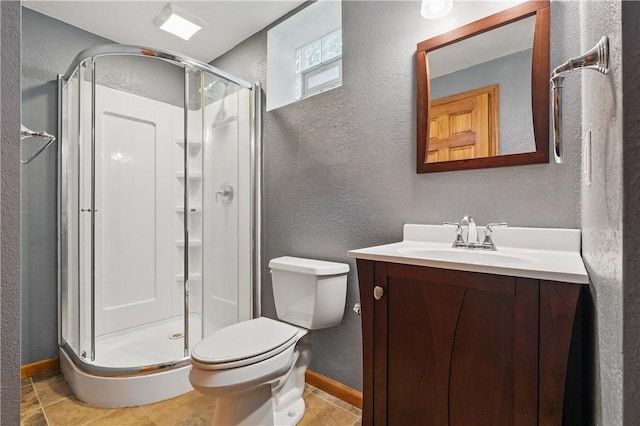807 Rembrandt Cir, Hempfield Twp Wml, PA 15642 - bathroom featuring a textured wall, vanity, a shower stall, toilet, and baseboards