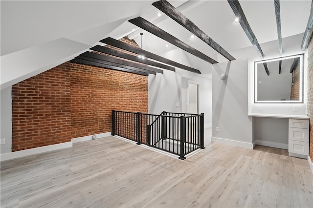 346 45th St, Lawrenceville, PA 15201 - additional living space featuring brick wall, baseboards, light wood finished floors, and recessed lighting