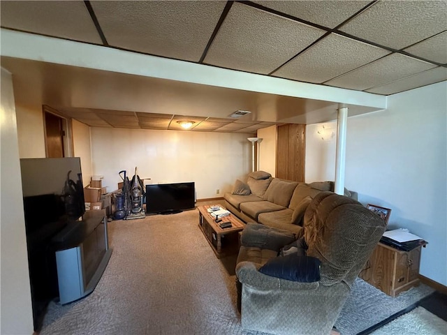 201 Lebanon Manor Dr, West Mifflin, PA 15122 - living area featuring a paneled ceiling, carpet, and baseboards
