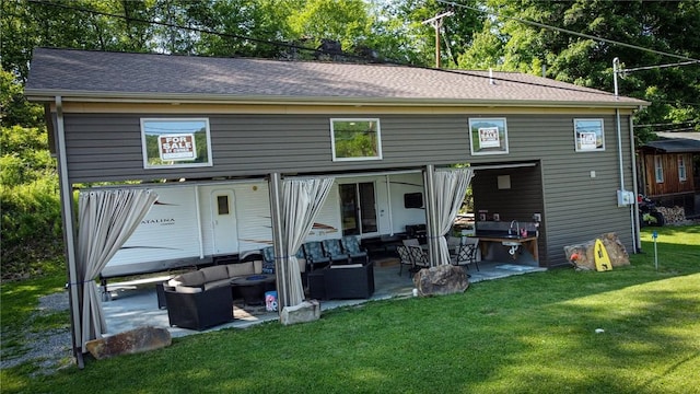 126 Dockside Ln, Bradys Bend Twp, PA 16028 - back of property with an outdoor hangout area, a patio area, a yard, and roof with shingles