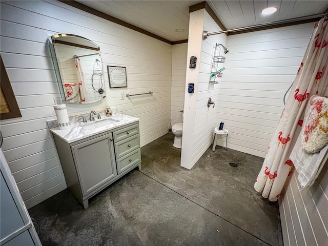 126 Dockside Ln, Bradys Bend Twp, PA 16028 - full bath with toilet, vanity, a tile shower, concrete flooring, and wood walls