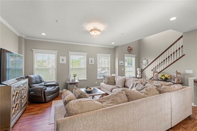 210 Brae Glen Dr, North Strabane, PA 15317 - living room with dark wood-style floors, stairs, ornamental molding, recessed lighting, and baseboards
