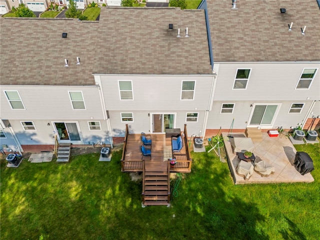 210 Brae Glen Dr, North Strabane, PA 15317 - back of house featuring stairway, a shingled roof, a wooden deck, and a patio area
