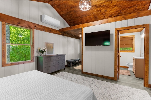 7832 Chase Dr, Shenango-Cra, PA 16134 - bedroom featuring wood finished floors, vaulted ceiling, a wall mounted air conditioner, wood walls, and wooden ceiling
