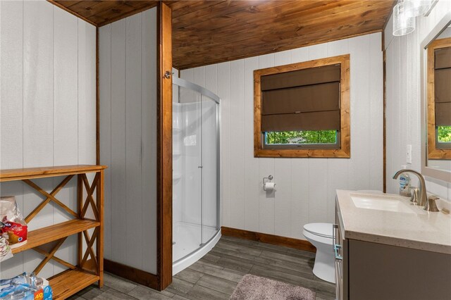 7832 Chase Dr, Shenango-Cra, PA 16134 - bathroom with wood ceiling, vanity, a shower stall, baseboards, and toilet