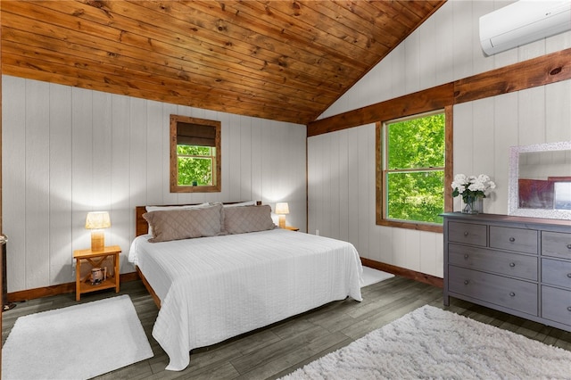 7832 Chase Dr, Shenango-Cra, PA 16134 - bedroom featuring a wall mounted air conditioner, vaulted ceiling, wooden ceiling, wood finished floors, and wooden walls