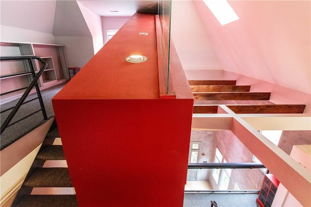 6542 Dalzell Pl, Squirrel Hill, PA 15217 - stairs featuring carpet floors, a skylight, and lofted ceiling
