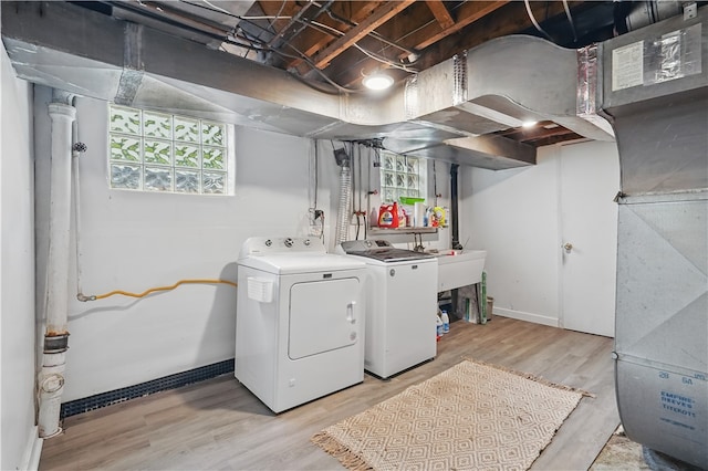 2023 Conlin St, West Mifflin, PA 15122 - washroom featuring washing machine and clothes dryer, light wood finished floors, baseboards, and heating unit