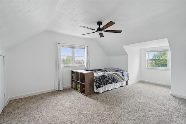 2023 Conlin St, West Mifflin, PA 15122 - carpeted bedroom with lofted ceiling, multiple windows, ceiling fan, and baseboards