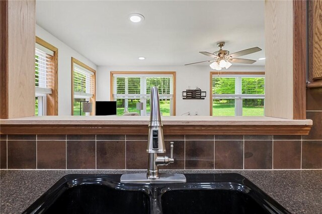 310 Laurel Ln, Leeper, PA 16233 - kitchen featuring a sink, tasteful backsplash, recessed lighting, a ceiling fan, and dark brown cabinetry