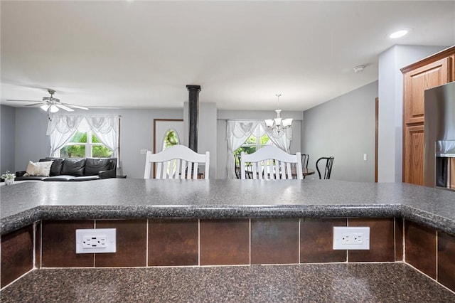 310 Laurel Ln, Leeper, PA 16233 - kitchen with dark countertops, a chandelier, open floor plan, ceiling fan, and recessed lighting