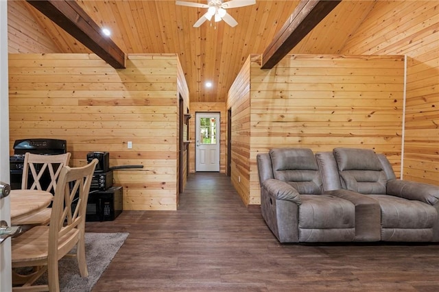 310 Laurel Ln, Leeper, PA 16233 - living room with wooden walls, ceiling fan, wooden ceiling with exposed beams, and dark wood finished floors
