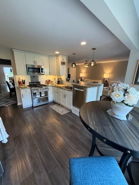 204 Thornberry Cir, Mt Lebanon, PA 15234 - kitchen featuring stainless steel appliances, white cabinets, dark wood-style floors, and recessed lighting