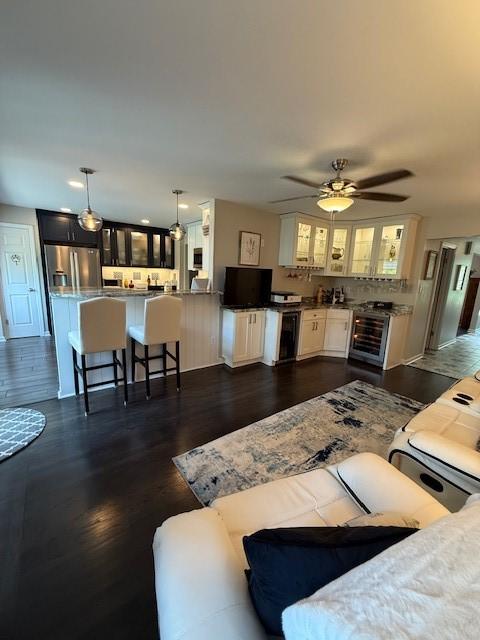 204 Thornberry Cir, Mt Lebanon, PA 15234 - living room with a ceiling fan, dark wood finished floors, and wine cooler