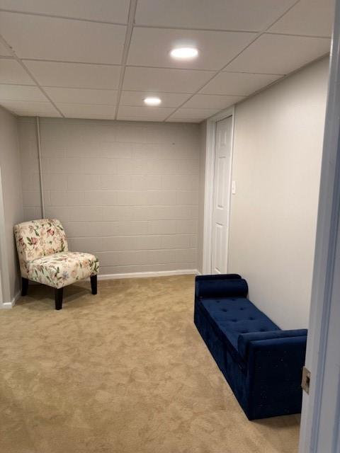 204 Thornberry Cir, Mt Lebanon, PA 15234 - sitting room with light colored carpet, concrete block wall, a paneled ceiling, and recessed lighting