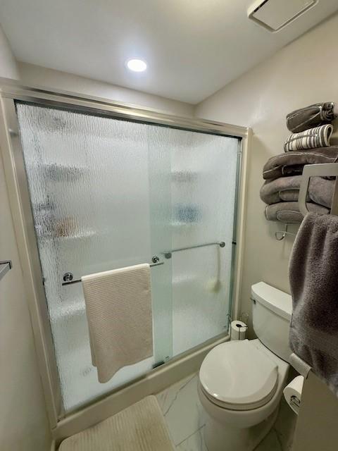 204 Thornberry Cir, Mt Lebanon, PA 15234 - full bath with a shower stall, marble look tile flooring, toilet, and recessed lighting