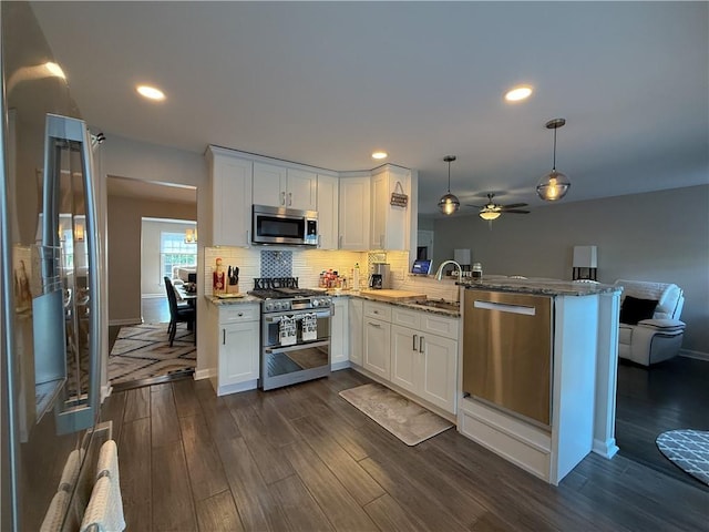 204 Thornberry Cir, Mt Lebanon, PA 15234 - kitchen with appliances with stainless steel finishes, a sink, a ceiling fan, dark wood-type flooring, and light stone countertops