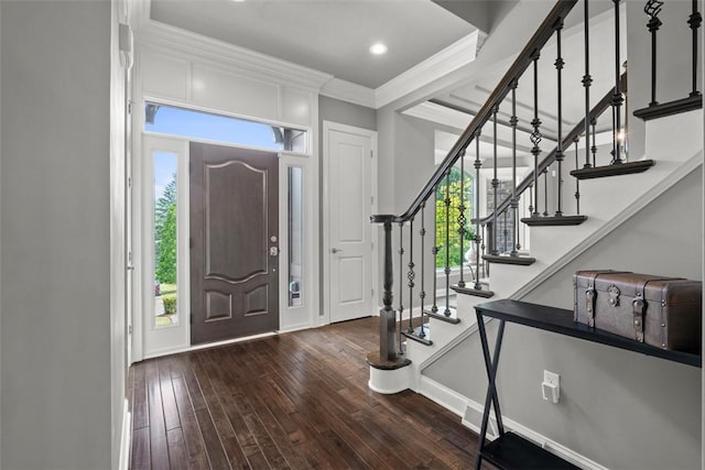 301 Chinquapin Ln, Marshall, PA 15090 - entryway with wood-type flooring, baseboards, stairs, crown molding, and recessed lighting