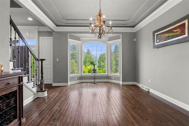301 Chinquapin Ln, Marshall, PA 15090 - entrance foyer featuring a chandelier, stairs, a raised ceiling, dark wood-style flooring, and ornamental molding